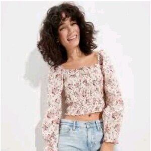 American Eagle Floral Crop Top Long Sleeve Pink White Small